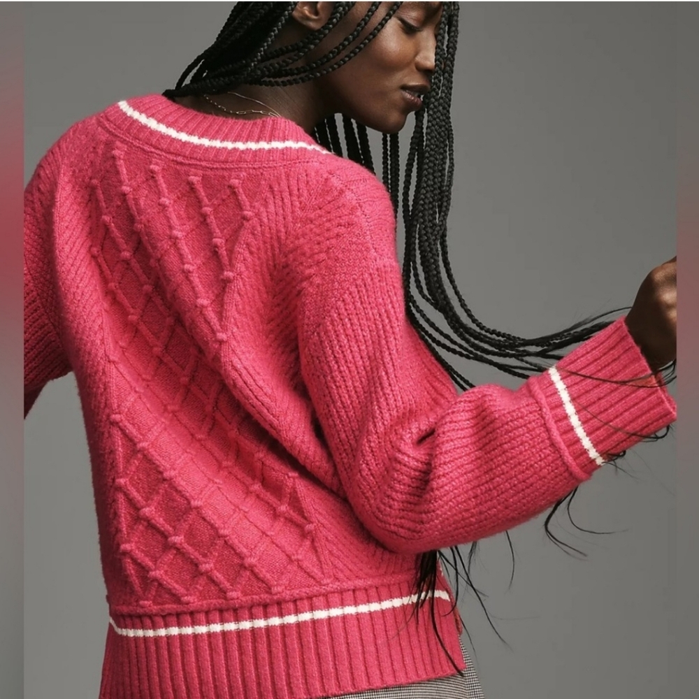 Anthropologie Maeve The Tillie V-Neck Cableknit Pullover Sweater in Pink - Picture 3 of 10